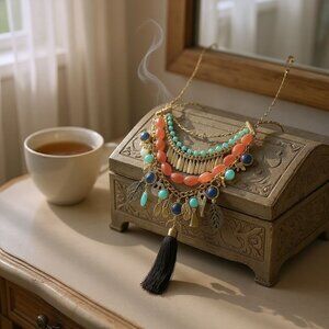 Multi Strand Trendy Statement Colorful Faux Stone Charm Tassel Boho Necklace